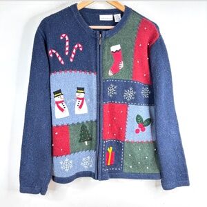 VTG 90s Wool Patchwork Christmas Cardigan XL Embroidered Snowman Holly Granny